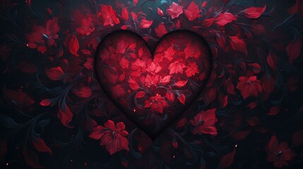 Sticker - a red heart surrounded by leaves and flowers on a black background with a red light in the middle of the heart.