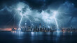 Lightning strike over the cityscape at night. 3D rendering