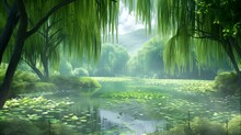 A Serene Misty Pond Surrounded By Weeping Willow Trees. Fantasy Landscape Anime Or Cartoon Style, Seamless Looping 4k Time-lapse Virtual Video Animation Background