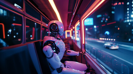 a humanoid android robot with artificial intelligence, autonomous life form a machine a robot, everyday life, public road transport, bus or train