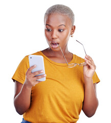 Canvas Print - Shock, phone and black woman reading gossip, announcement or secret on technology. Cellphone, surprise and young African person with wow, wtf or omg expression isolated by transparent png background.