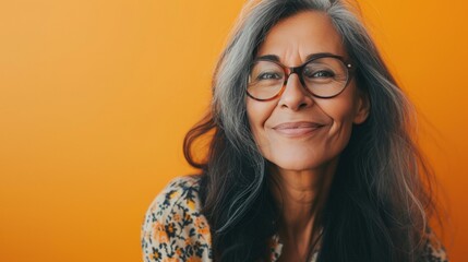 Poster - A smiling woman with gray hair and glasses wearing a patterned top against an orange background.