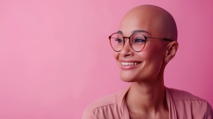 Smiling bald woman with glasses and pink shirt against pink background.