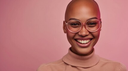 Smiling bald woman in pink turtleneck and round glasses against pink background.