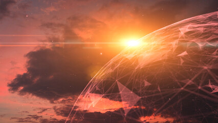 Wall Mural -  Artistic cyberspace sphere on dark red cloudy sky background.