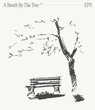 A drawing of a bench under a tree. Hand drawn vector illustration, sketch.