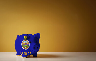 Piggy bank with painting of Kansas flag. The problem is in the economy. Economic crisis. Saving money concept.