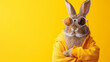 Cool cute easter bunny, rabbit with sunglasses with rabbit ears, isolated on yellow background