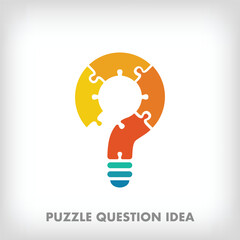 Creative puzzle pieces question mark and light bulb logo. Unique color transitions. Education idea, reading and growth stage logo template. vector