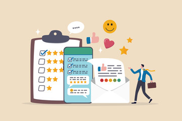 Customer survey, feedback to improve service, online and offline survey, review or poll rating, user satisfaction report or questionnaire concept, man with survey on clipboard paper, mobile and email.