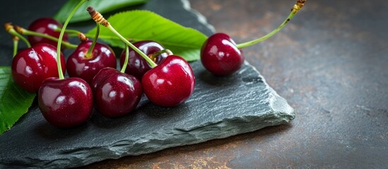 Poster - a bunch of cherries with green leaves on a slate cutting board . High quality