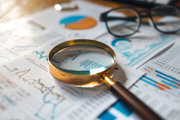 A magnifying glass on a desk with financial papers and charts. AI generative