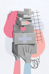 Sticker - Vertical collage image of black white effect arms hold pile stack aid help donation boxes isolated on creative background