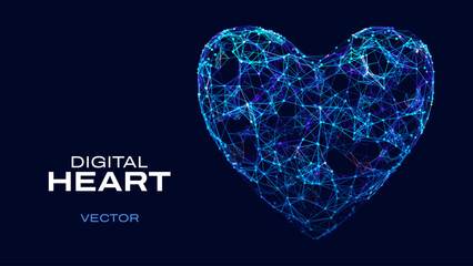 Happy Valentines Day. 3D Particles and Lines Mesh Heart. Love Romantic Health Concept. Digital Heart Illustration. Cardiology Healthcare Technology Heart Symbol. Vector Background.