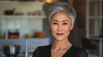 Wall Mural - Asian middle aged woman smiling at the kitchen. Portrait of a stylish beautiful Asian woman in her 50s. Skin care concept. Luxurious middle-aged woman with a short gray hair looking at camera.