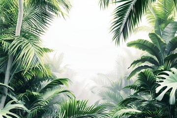 Poster - Tropical jungle background with lush green palm and monstera leaves, creating a natural frame with a soft, white misty center.