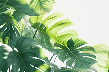 Wall Mural - Tropical green leaves on a soft white background, creating a fresh and serene nature backdrop.