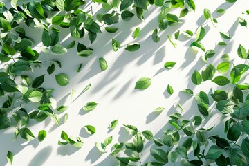 Wall Mural - Fresh green leaves scattered on a white background with natural sunlight casting soft shadows, symbolizing spring or eco concepts.