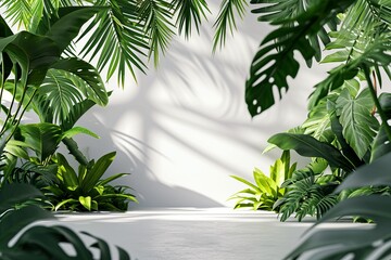 Sticker - Tropical green leaves on a white background with sunlight casting shadows, creating a fresh and serene jungle atmosphere.