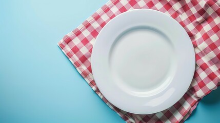 Top view on colored background empty round white plate on tablecloth for food. Empty dish on napkin with space for your design