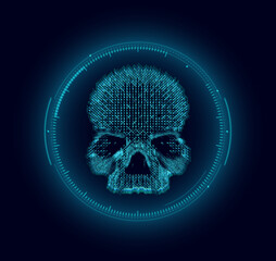 Fototapete - Online Data Breach. Hacker News. Network DDOS Skull HUD Design. Cyber Crime Concept. Abstract Digital Background. Skull Sign over Binary Programming Code. Vector Illustration.