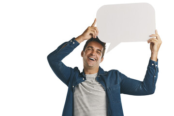 Wall Mural - Portrait, opinion and man with blank speech bubble message isolated on transparent png background. Like, subscribe or social media comment with guy showing vote, announcement or notification on paper