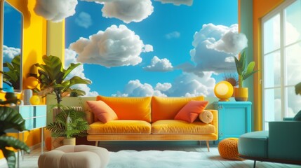 Wall Mural - Cloud in the room. The colorful interior is in a modern style with a real fluffy cloud inside. Light and airy lifestyle. 