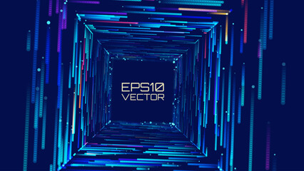 Poster - Square Frame Border Blue Lights DJ Party Flyer Background. Data Flow Particles Moving with Trails. Computer Digital Tunnel Technology Vector Illustration.