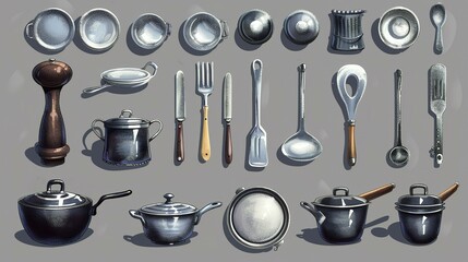  Set of different cooking utensils and dishes