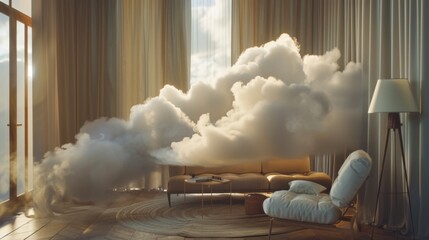 Wall Mural - Cloud in the room. The interior is in a modern style with a real fluffy cloud inside. Light and airy lifestyle. 