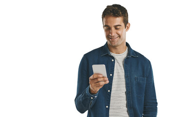 social media, smile and man on phone in isolated background, png and transparent with technology. pe
