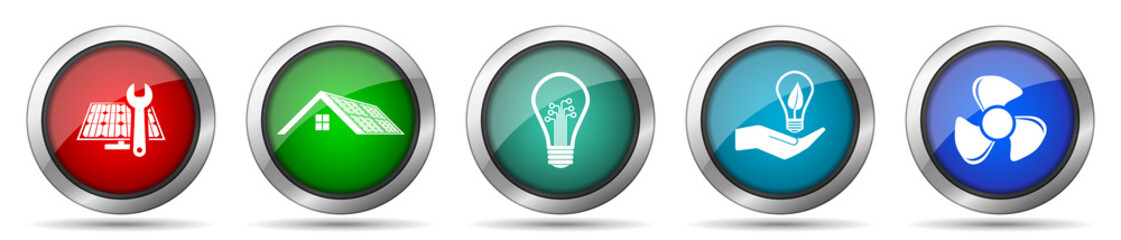 Fototapete - Renewable energy icon set, miscellaneous icons such as solar panel, house, light bulb and heater, silver metallic, colorful glossy web buttons collection