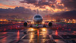 A commercial airliner stands ready on the tarmac, its lights reflecting on the wet ground against a dramatic twilight sky.
