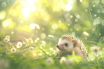 Cute little hedgehog on green grass with natural bokeh as background during spring.