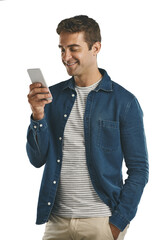 smile, typing and man with phone for social media, internet and communication isolated on a transpar