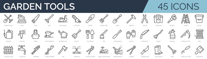 Set of 45 outline icons related to garden tools. Linear icon collection. Editable stroke. Vector illustration