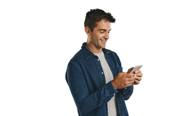 smile, phone and man typing on social media, internet or scroll website isolated on a transparent pn