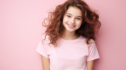 Wall Mural - Smiling girl in white t-shirt on pink background mockup. Beautiful happy woman model looking at camera