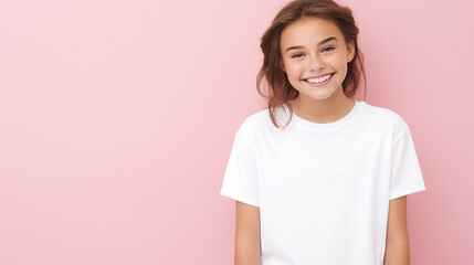 Smiling girl in white t-shirt on pink background mockup. Beautiful happy woman model looking at camera