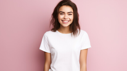 Wall Mural - Smiling girl in white t-shirt on pink background mockup. Beautiful happy woman model looking at camera