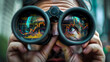 A striking frontal portrait showcasing an individual gazing through binoculars, with the front lenses reflecting sharp, detailed stock market charts