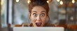 Businesswoman receives thrilling email face erupts in joy and surprised exclamation. Concept Thrilling Email, Face of Joy, Surprised Exclamation, Businesswoman