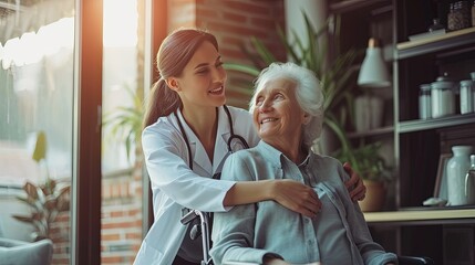 Young woman doctor taking care of senior woman at wheelchair. Caring doctor providing support to senior woman.