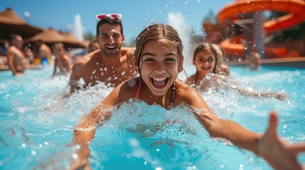 Family with chuildren at the swimming pool jumping in water