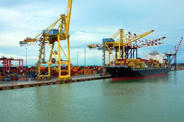 Container terminal with stowed containers from different shippers gantry cranes and straddle carriers in Livorno. Import, export and business logistic