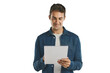 © Bharat/peopleimages.com - Search, tablet and man on internet, scroll or social media isolated on transparent png background. Digital technology, typing or person on app, network or reading email notification on website online