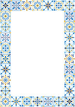 Ceramic Tiles Frame In Blue And Yellow Colors. Italian Majolica Patchwork Ornaments, Moroccan Border, Portuguese Azulejos. Template For Wedding Invitations With Copy Space. Vector Illustration