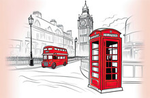 Beautiful Watercolor Illustration Of Red London Buses In London, UK. Red Double Decker Bus On A White Background