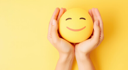 Sticker - Woman hands holding happy smiling face emoji on isolated yellow background with space for copy