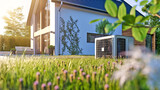 Fototapeta  - modern house building with heat pump, concept of Sustainable Energy Efficient Home